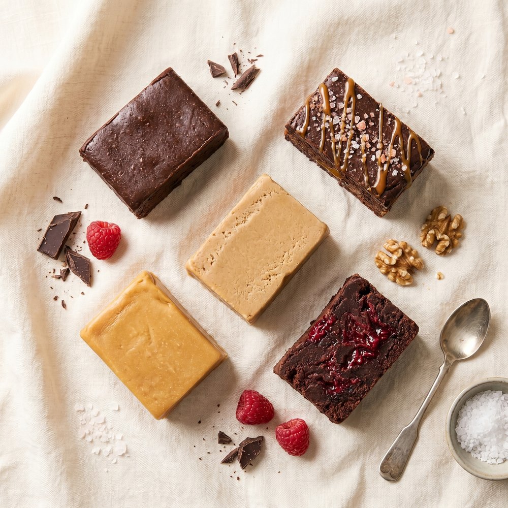An overhead spread of The Mill Fudge Factory best-selling flavors