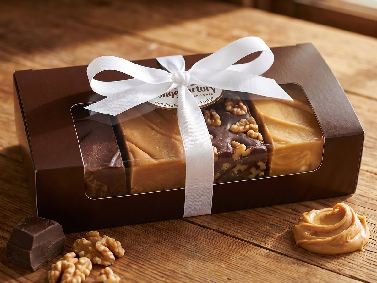 The Mill Fudge Factory brown window gift box with four half slices