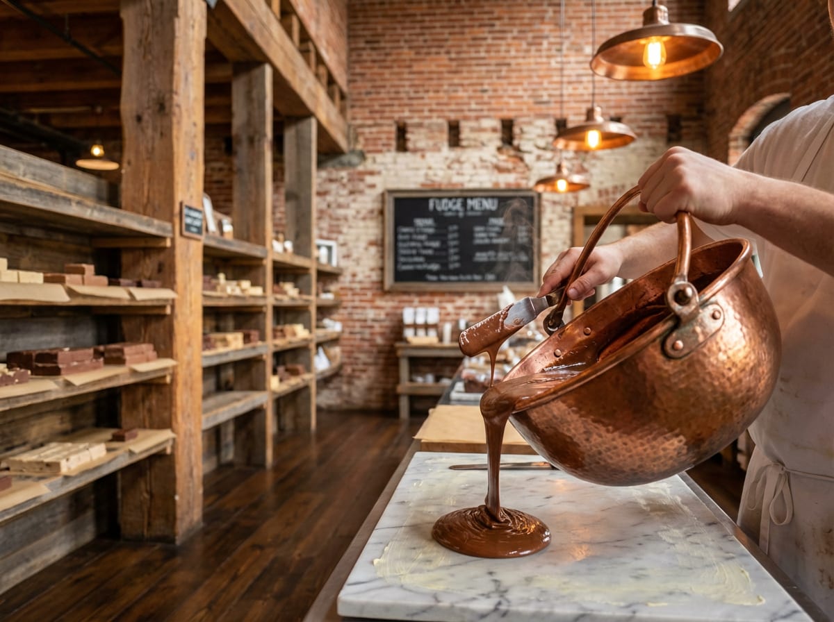Chocolate fudge being poured inside The Mill Fudge Factory shop